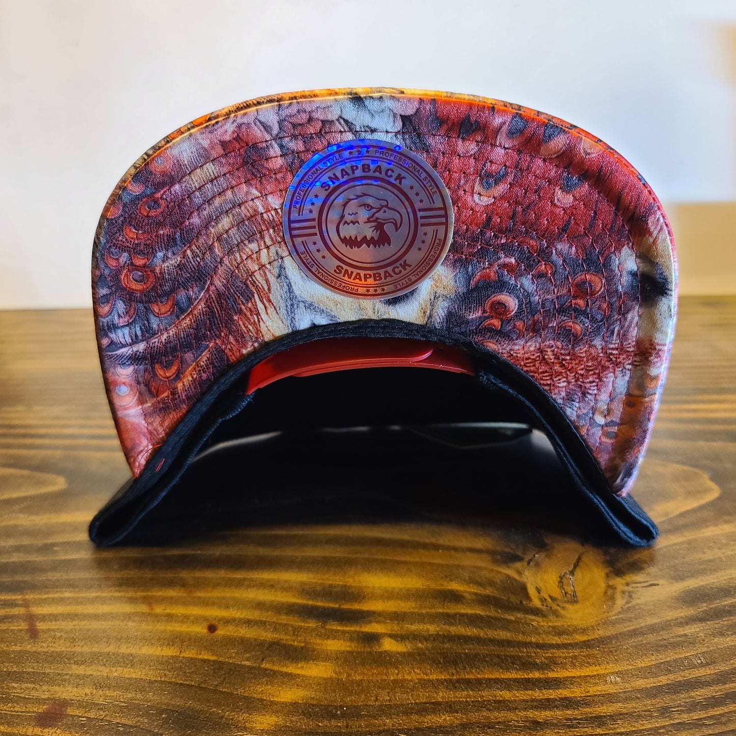 FeatureCard Hat Red Peacock Feathers Snap Back